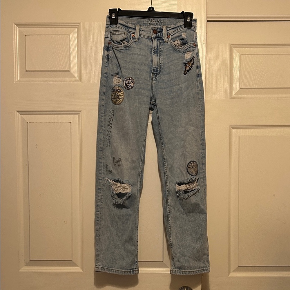 Embroidered Light Blue Jeans Ripped